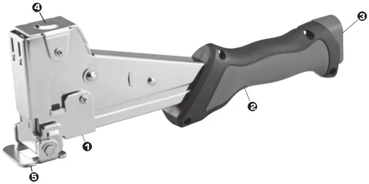 Technical diagram of a mechanical tool with numbered parts labeled 1 through 5