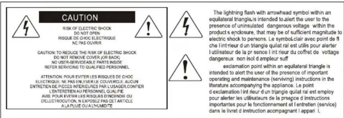 CAUTION RISK OF ELECTRIC SHOCK DO NOT OPEN RISQUE DE CHOC ELECTRIQUE NE PAS OUvrir CAUTION: TO REDUCE THE RISK OF ELECTRIC SHOCK DO NOT REMOVE COVER (OR BACK) NO USER-SERVIDEABLE PARTS INSIDE REFER SERVICING TO QUALIFIED PERSONNEL ATTENTION: POUR EVITER LES RISQUES DE CHOC ELECTRIQUE: NE PAS ENLEVER…