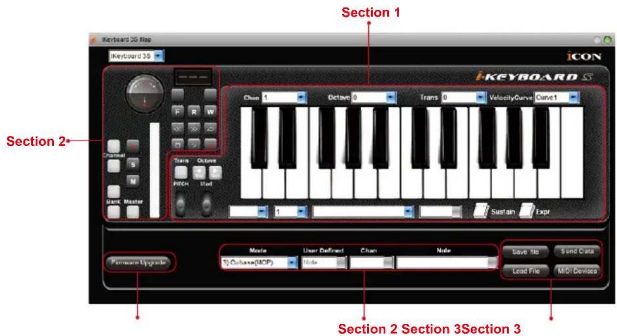 Keyboard 35 Map iKeyboard 35 Section 1 iKEYBOARD S Channel S M Bank Master Trans Octave FITCH Med Chan 1 Octave 0 Trans 0 VelocityCurve Curve1 1 Sustain Expr Hardware Upgrade Mode User Defined Chan Note Save File Send Data 5) Cutbase(MCP) Note Load File MIDI Devices Section 2 Section 3Section 3