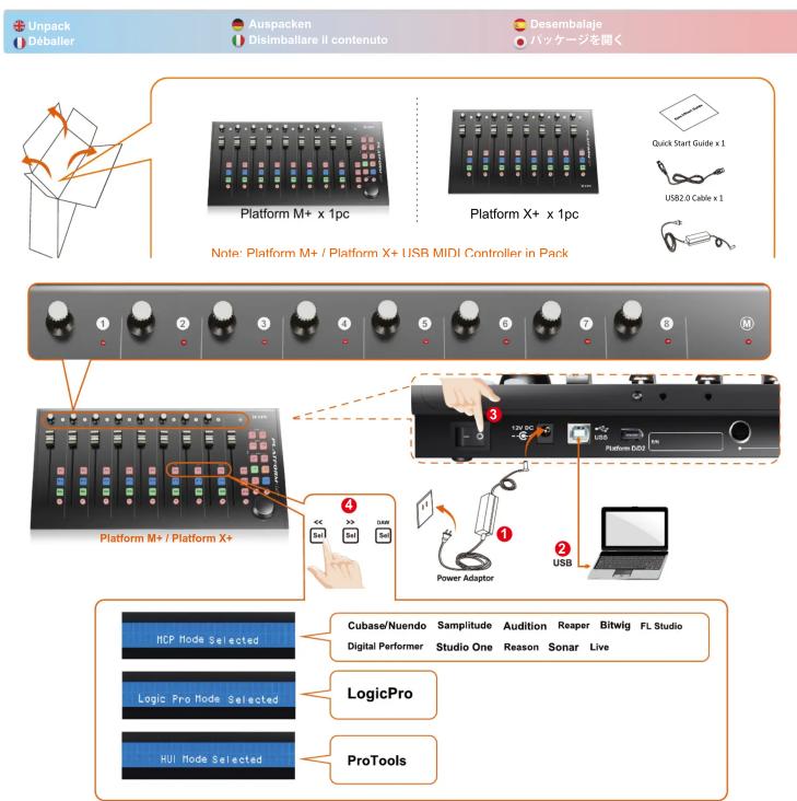 Unpack Deballeer Auspacken Disimballare il contenuto Desembalaje ハッケージを囲く Platform M+ x 1pc Platform X+ x 1pc Quick Start Guide x 1 USB2.0 Cable x 1 Note: Platform M+ / Platform X+ USB MIDI Controller in Pack Platform M+ / Platform X+ Power Adaptor USB 132x 60 USB 120x 50 120x 40 120x 30 120x 20 120…