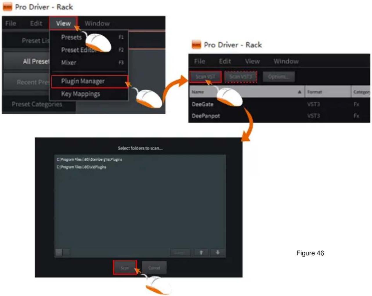 graph TD A["File Edit View Window"] --> B["Preset List Presets"] B --> C["Preset Editor Presets"] C --> D["Mixer Mixer F1/F2 F3"] D --> E["Plugin Manager Key Mappings"] E --> F["Preset Categories Preset Categories"] G["Pro Driver - Rack"] --> H["File Edit View Window"] H --> I["Scan VST Scan VST3 Op…