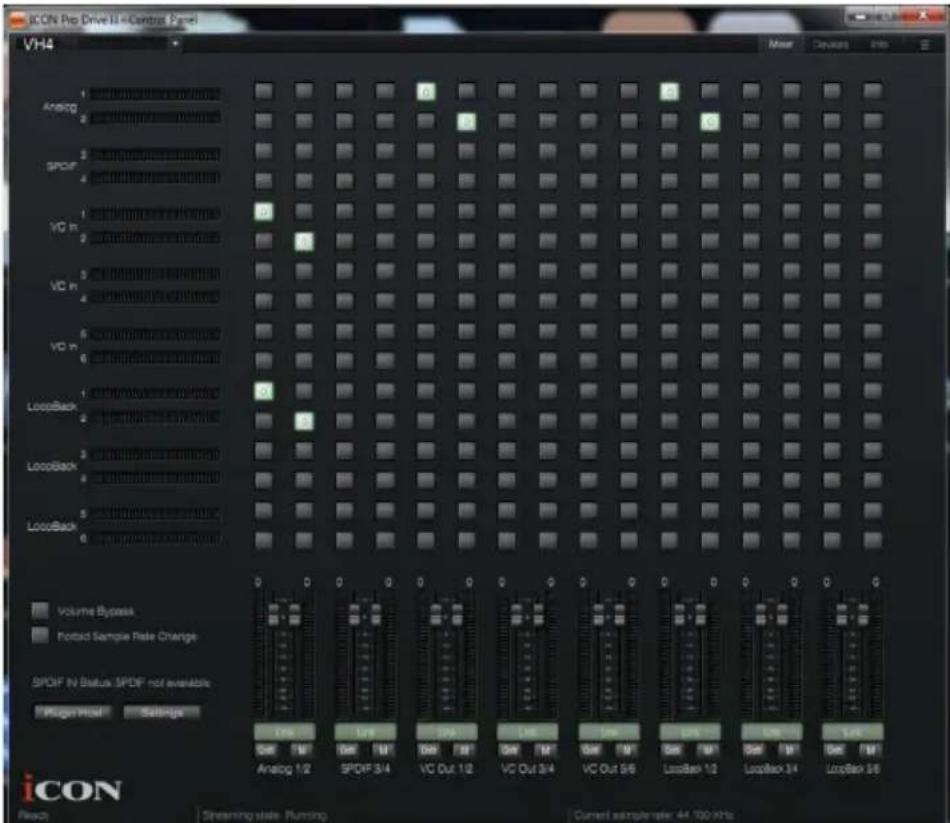 ICON Pro Drive III -Control Panel VH4 Volume Device Info Analog 2 SPDF 3 VC In 2 VC In 6 VC In 7 VC In 8 LoopBack 1 LoopBack 2 LoopBack 3 LoopBack 4 LoopBack 5 LoopBack 6 Volume Bypass Portfolio Sample Rate Change SPDF IN Status SPDF not available Marker Print Settings 100 100 100 100 100 100 100 10…