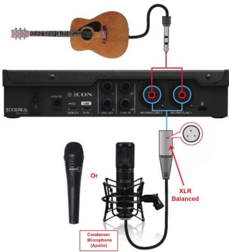 iCON +12V DC USB 2.0 QTO LINE OUT LINE IN MICRINS/LRE 2 MICRINS/LRE 1 Or Condenser Microphone (Apollo) XLR Balanced