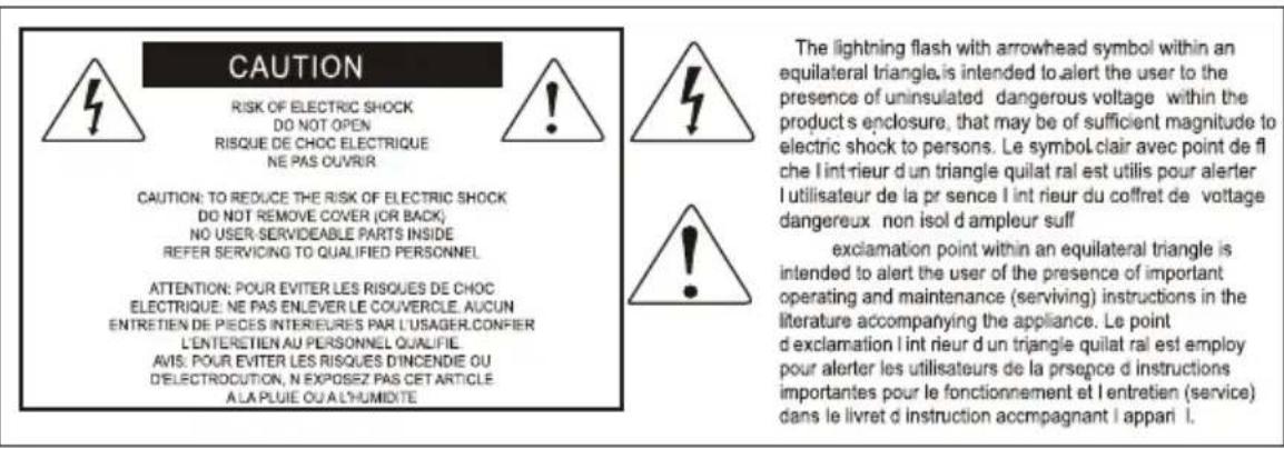 CAUTION RISK OF ELECTRIC SHOCK DO NOT OPEN RISQUE DE CHOC ELECTRIQUE NE PAS OUVR CAUTION: TO REDUCE THE RISK OF ELECTRIC SHOCK DO NOT REMOVE COVER (OR BACK) NO USER-SERVIDEABLE PARTS INSIDE REFER SERVICING TO QUALIFIED PERSONNEL ATTENTION: POUR EVITER LES RISQUES DE CHOC ELECTRIQUE: NE PAS ENLEVER L…