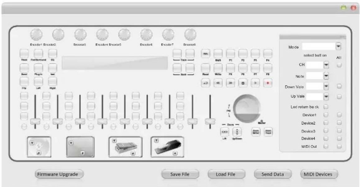 Encoder1 Encoder2 Encoder3 Encoder4 Encoder5 Encoder6 Encoder7 Encoder8 Track Ferruishment Sound Plug-in Insert Play Left Right Mode select button All CH Note Down Vale Up Vale Lect return back ck Device1 Device2 Device3 Device4 MIDI Out Firmware Upgrade Save File Load File Send Data MIDI Devices