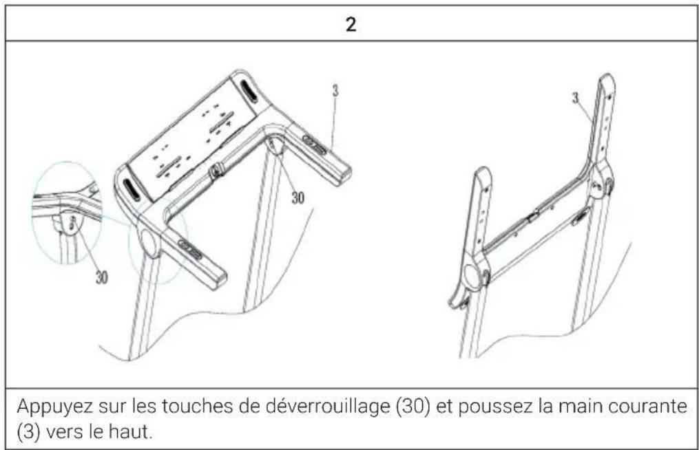 2 Appuyez sur les touches de déverrouillage (30) et poussez la main courante (3) vers le haut.