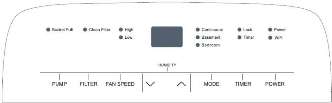 Bucket Full Clean Filter High Low Continuous Lock Power Basement Timer WiFi Bedroom HUMIDITY PUMP FILTER FAN SPEED ✓ ^ MODE TIMER POWER