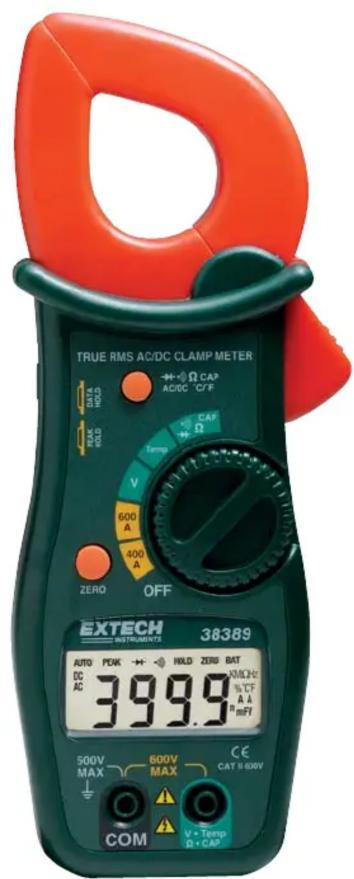 TRUE RMS AC/DC CLAMP METER DUAL HOLD MAX RISK RISK CAP Ω C/F 600A 400A ZERO OFF EXTECH 38389 AUTO PEAK HOLD ZERO BAT DC AC 399.9 % %CF A A mFV 500V MAX 600V MAX CAT B 600V COM V + Temp Ω + CAP