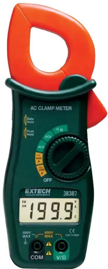 AC CLAMP METER Data Hold Peak Hold DCV Ω ACV ~600 A ~200 A OFF EXTECH INSTRUMENTS 38387 HI IH 199.9 V A C 500V MAX 600V MAX CE CAT II 600V COM V/Ω