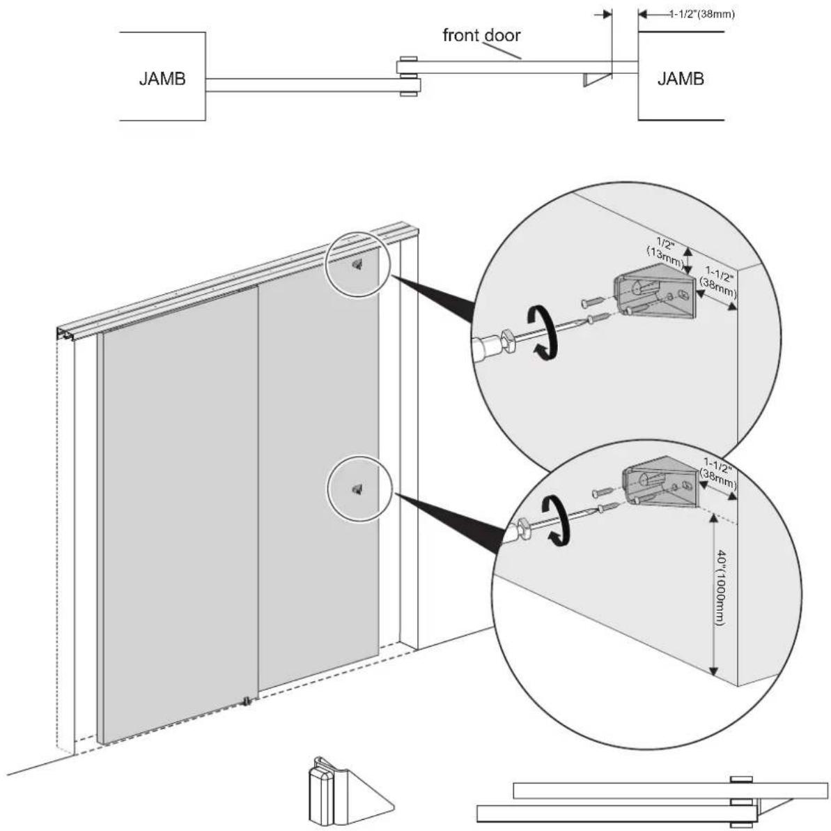 Vevor YMXT-XC40-6 - Install Bottom Guide: Slide both doors to side jamb. Place guide between doors and position to plumb, fasten to floor with screws. - 5