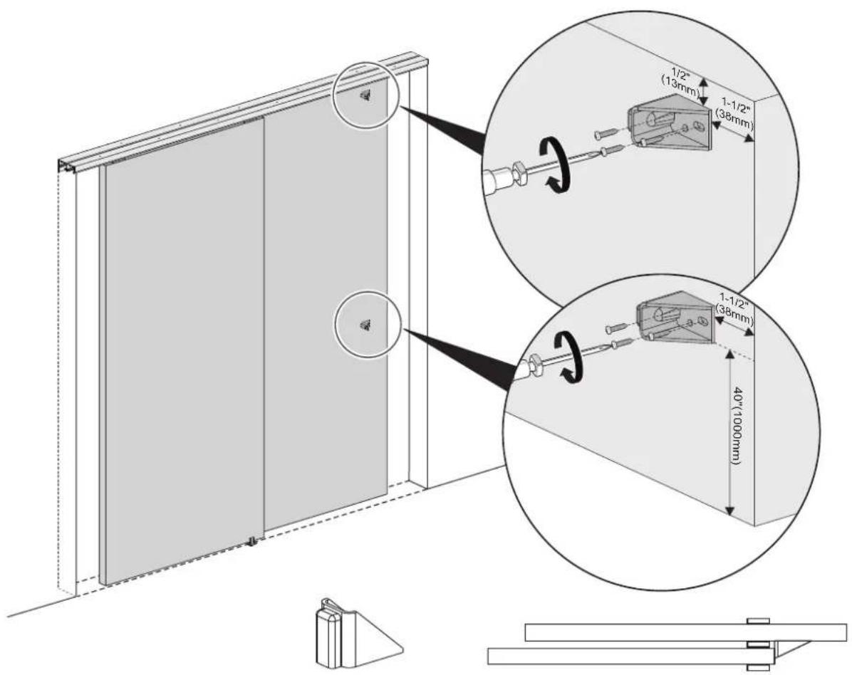Vevor YMXT-XC40-5 - Install Bottom Guide: Slide both doors to side jamb. Place guide between doors and position to plumb, fasten to floor with screws. - 6
