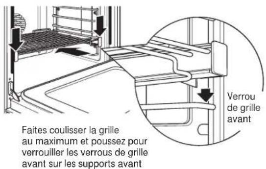 Faites coulisser la grille au maximum et poussez pour verrouiller les verrous de grille avant sur les supports avant Verrou de grille avant