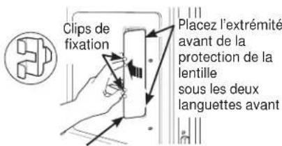 Clips de fixation Placez l'extrémité avant de la protection de la lentille sous les deux languettes avant