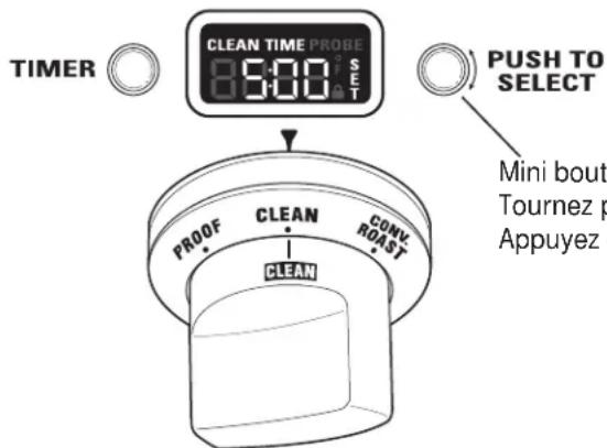 TIMER CLEAN TIME PROBE 0:00 SET 0:00 PUSH TO SELECT PROOF CLEAN CONV ROAST CLEAN Mini bout Tournez p Appuyez c