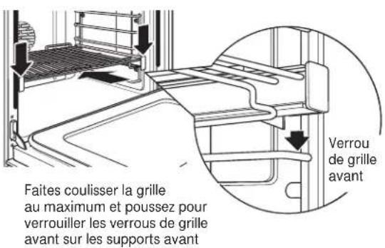 Faites coulisser la grille au maximum et poussez pour verrouiller les verrous de grille avant sur les supports avant Verrou de grille avant
