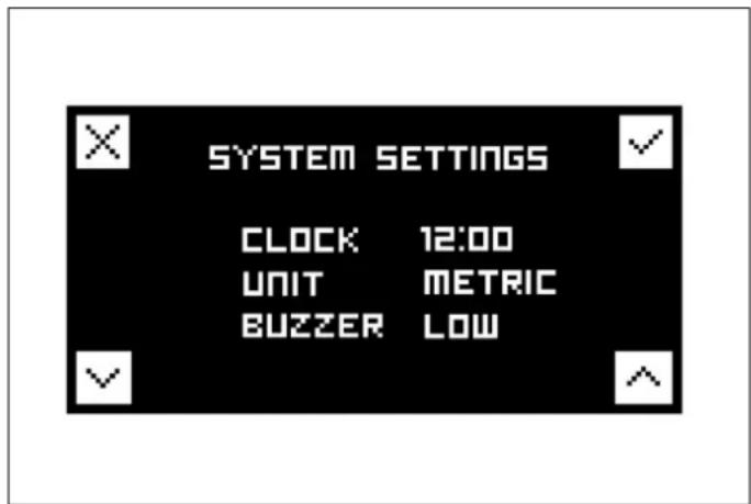SYSTEM SETTINGS CLOCK 12:00 UNIT METRIC BUZZER LOW