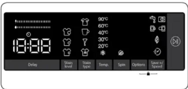 19:00 Départ différé Niveau de taches Type de taches Temp. Essorage Options Enregistrer +/Vitesse 90°C 60°C 40°C 30°C 20°C