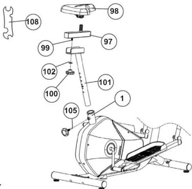 Christopeit CT6 - Attach the saddle (98) and saddle slide (97) at saddle support (101) and the saddle support (101) at main frame (1). - 1