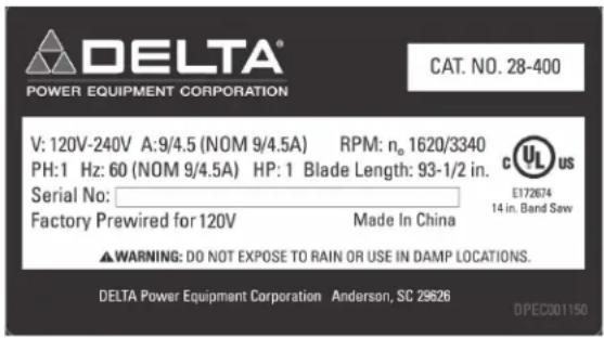 DELTA 28‑400 - FREE WARNING LABEL REPLACEMENT - 1
