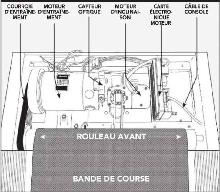 COURROIE D'ENTRAÎNE- MENT MOTEUR D'ENTRAÎNE- MENT CAPTEUR OPTIQUE MOTEUR D'INCLINAI- SON CARTE ÉLECTRO- NIQUE MOTEUR CÂBLE DE CONSOLE ROULEAU AVANT BANDE DE COURSE