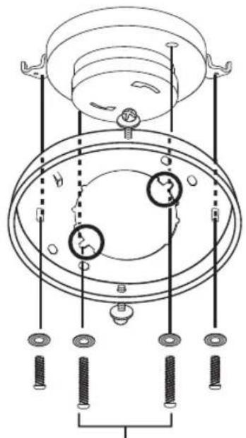 Technical diagram of a ceiling fixture with multiple screw fasteners and mounting holes (no text or labels)
