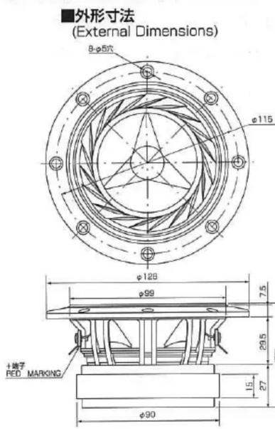 ■外形寸法 (External Dimensions) 8-φ5/7 φ115 φ120 φ99 7.5 29.5 +端子 PED MARKING φ90