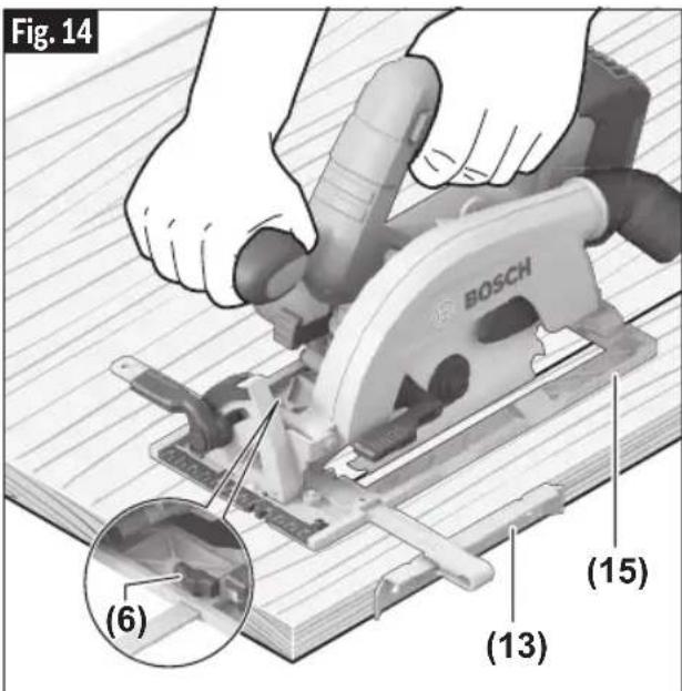 BOSCH GKS 18V-22L Professional - ⚠ WARNING After attaching or adjusting the rip fence, be sure the rip fence does not touch or interfere with the free movement of the lower guard or contact the saw blade. - 3