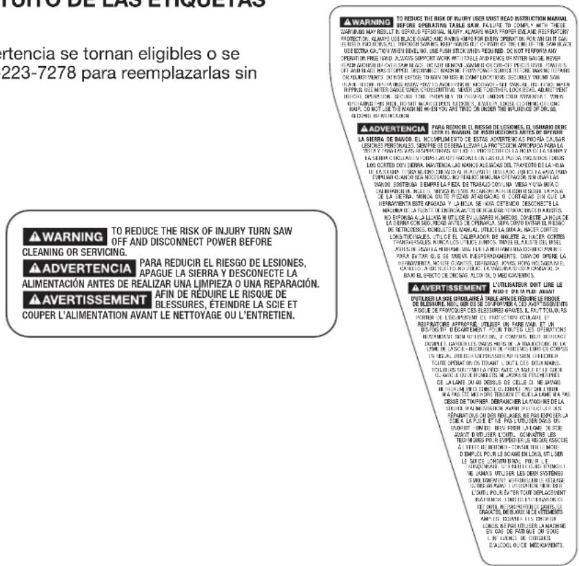 DELTA UNISAW 36‑L352 - REEMPLAZO GRATUITO DE LAS ETIQUETAS DE ADVERTENCIA - 1
