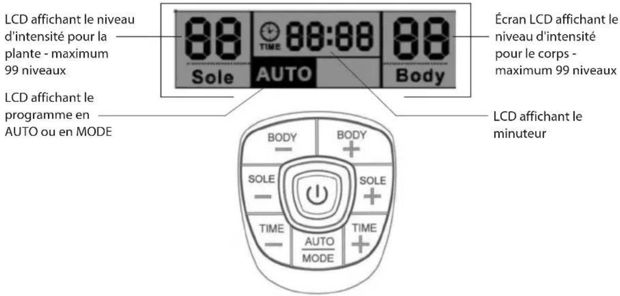 LCD affichant le niveau d'intensité pour la plante - maximum 99 niveaux LCD affichant le programme en AUTO ou en MODE 88 Sole TIME 88:88 AUTO 88 Body Écran LCD affichant le niveau d'intensité pour le corps - maximum 99 niveaux LCD affichant le minuteur BODY + SOLE - TIME - AUTO MODE +