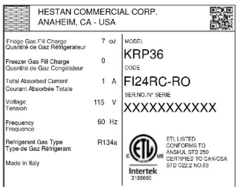 Hestan KFCR18 - RATING LABEL - 1