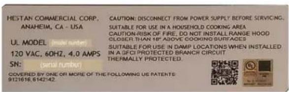 Hestan KVC30 - RATING LABEL - 1