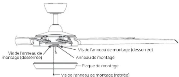 Vis de l'anneau de montage (desserrée) Vis de l'anneau de montage (desserrée) Anneau de montage Plaque de montage Vis de l'anneau de montage (retirée)
