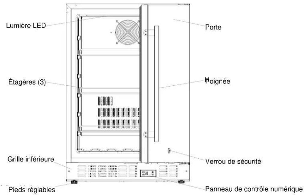 Lumière LED Étagères (3) Grille inférieure Pieds réglables Porte Poignée Verrou de sécurité Panneau de contrôle numérique