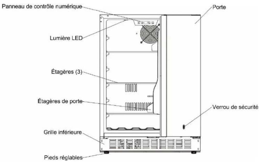 Panneau de contrôle numérique Porte Lumière LED Étagères (3) Étagères de porte Verrou de sécurité Grille inférieure Pieds réglables