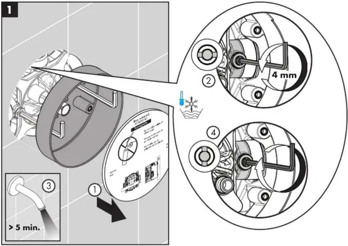 Hansgrohe 04230830 - Flush the hot and cold supplies / Rincez les conduites d'alimentation de l'eau chaude et de l'eau froide / Lave los suministros frío y caliente - 1