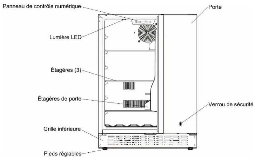 Panneau de contrôle numérique Porte Lumière LED Étagères (3) Étagères de porte Verrou de sécurité Grille inférieure Pieds réglables