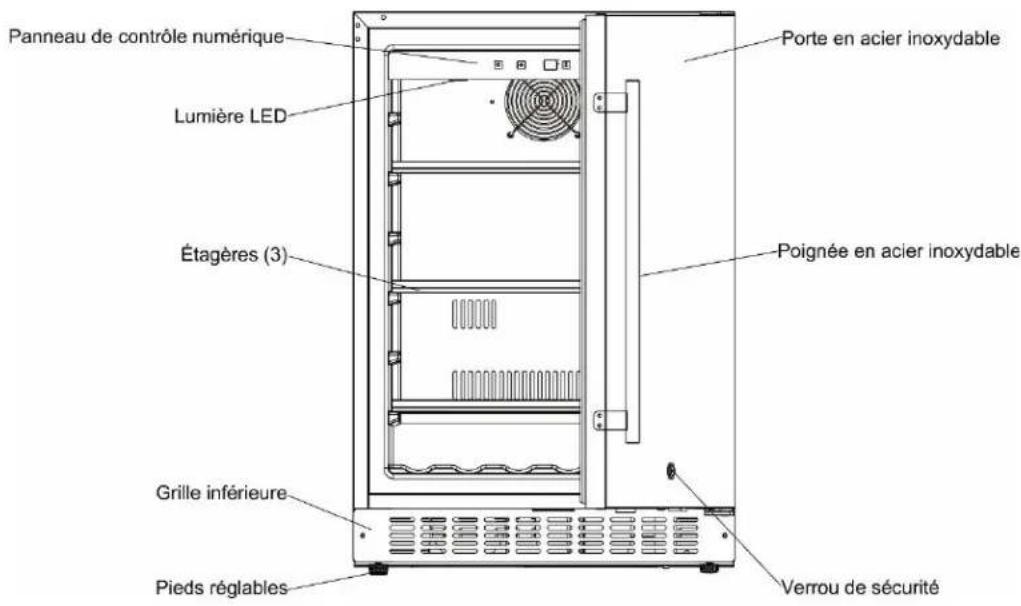 Panneau de contrôle numérique Porte en acier inoxydable Lumière LED Étagères (3) Poignée en acier inoxydable Grille inférieure Pieds réglables Verrou de sécurité