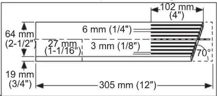 64 mm (2-1/2") 6 mm (1/4") 27 mm (1-1/16") 3 mm (1/8") 19 mm (3/4") 305 mm (12") 102 mm (4") 70°