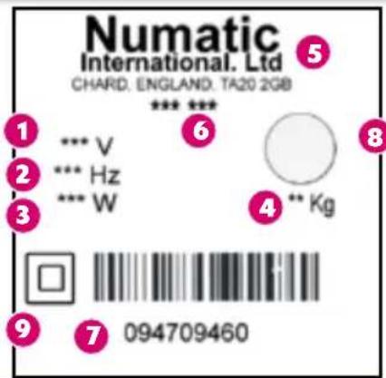 Numatic International, Ltd CHARD, ENGLAND, TA20 2GB *** ***** 1 ... V 2 ... Hz 3 ... W 4 ** Kg 9 094709460