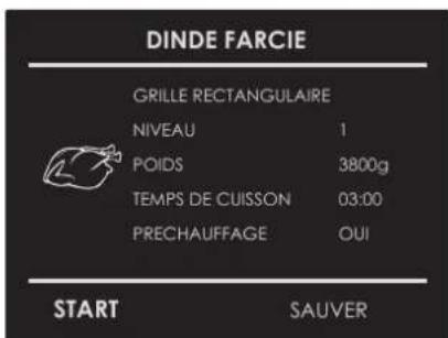DINDE FARCIE GRILLE RECTANGULAIRE NIVEAU 1 POIDS 3800g TEMPS DE CUISSON 03:00 PRECHAUFFAGE OUI START SAUVER