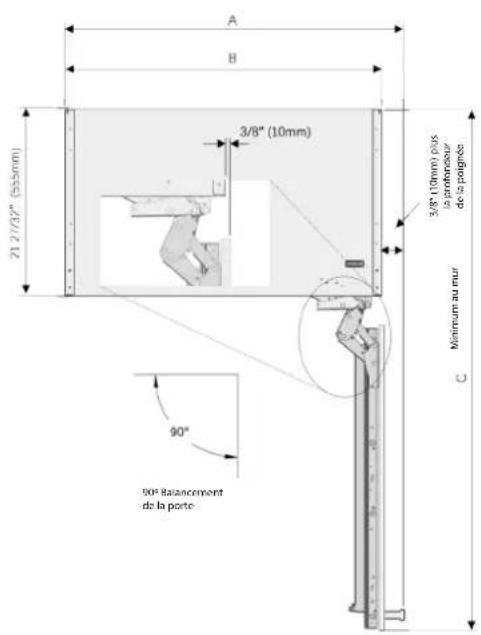 A B 3/8" (10mm) 21 27/37" (55mm) 3/8" (10mm) plus la profondeur de la poignée 90° 90° Balancement de la porte C Nomine au mur