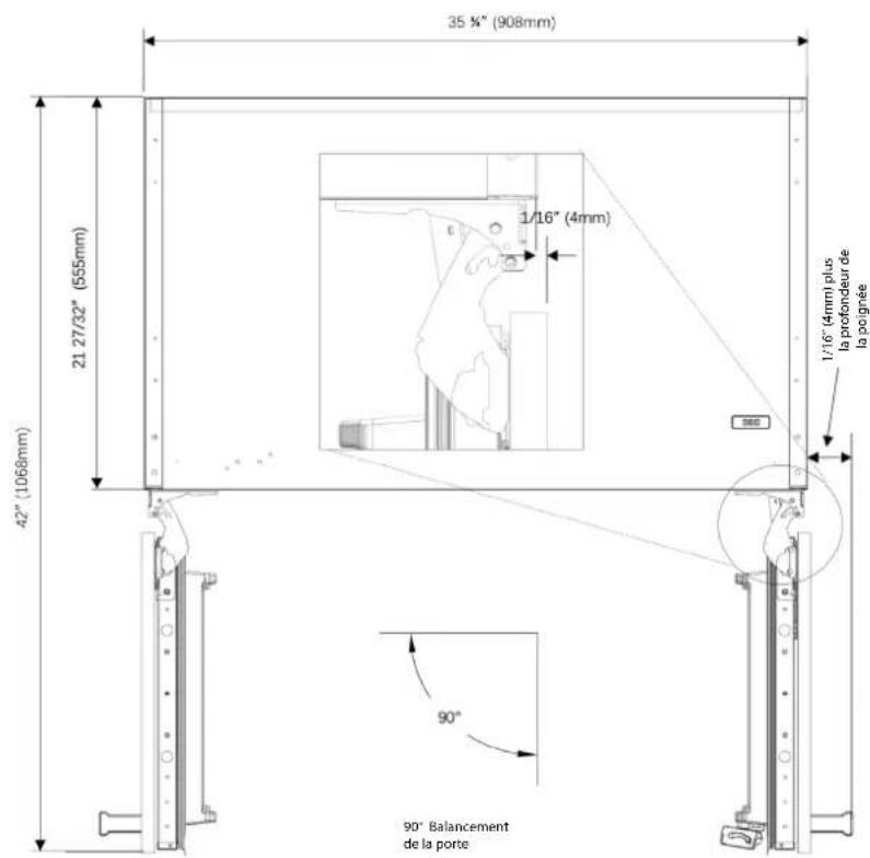 35 ¾" (908mm) 21 27/32" (555mm) 42" (1068mm) 1/16" (4mm) 1/16" (4mm) plus la profondeur de la poignée 90° 90° Balancement de la porte