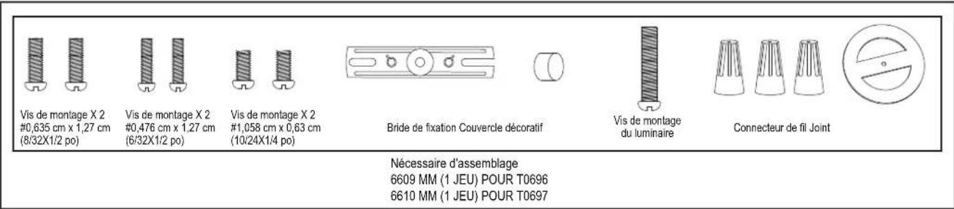 Vis de montage X 2 #0,635 cm x 1,27 cm (8/32X1/2 po) Vis de montage X 2 #0,476 cm x 1.27 cm (6/32X1/2 po) Vis de montage X 2 #1,058 cm x 0,63 cm (10/24X1/4 po) Bride de fixation Couvercle décoratif Vis de montage du luminaire Connecteur de fil Joint Nécessaire d'assemblage 6609 MM (1 JEU) POUR T0696 6610 MM (1 JEU) POUR T0697