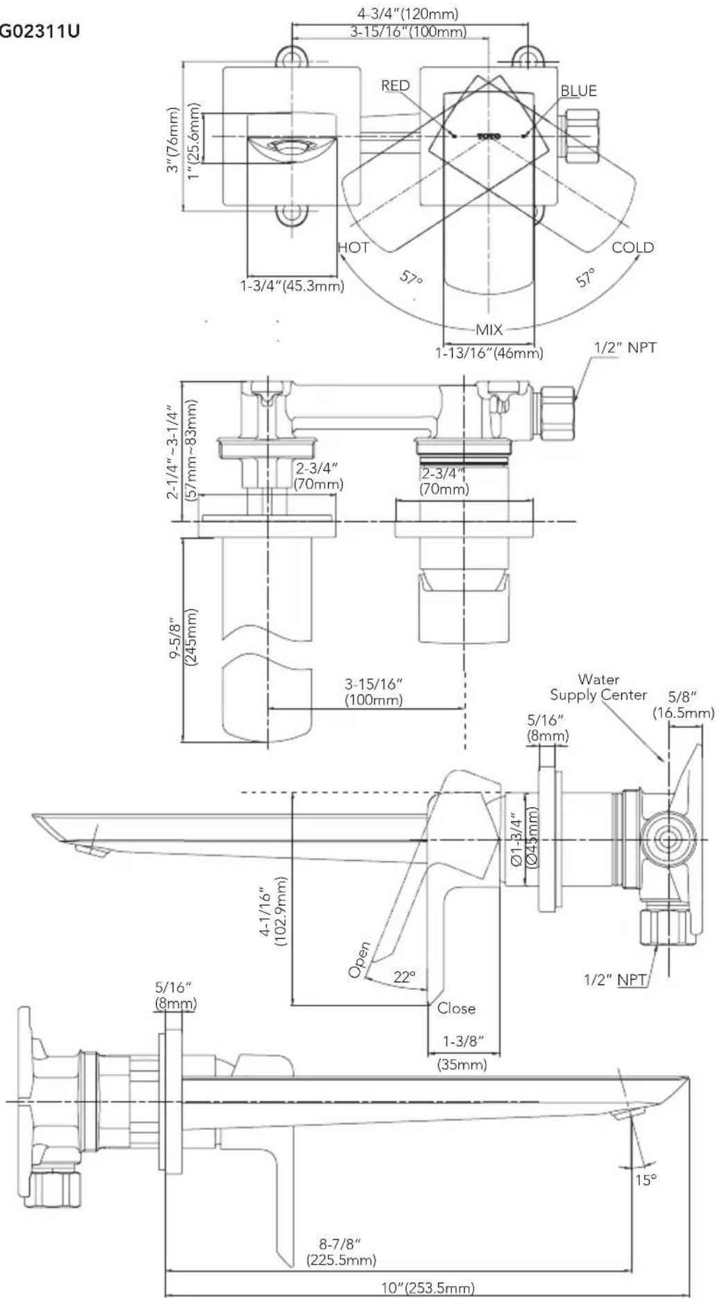 TOTO TLG02311U - ROUGH-IN DIMENSIONS / BOSQUEJO ROBINETTERIE BRUTE / DIMENSÕES APROXIMADAS - 1