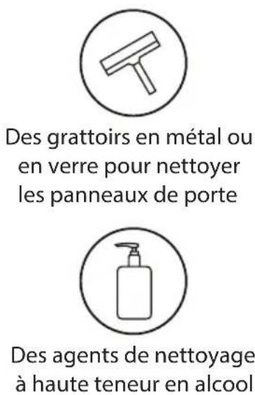 Des grattoirs en métal ou en verre pour nettoyer les panneaux de porte Des agents de nettoyage à haute teneur en alcool