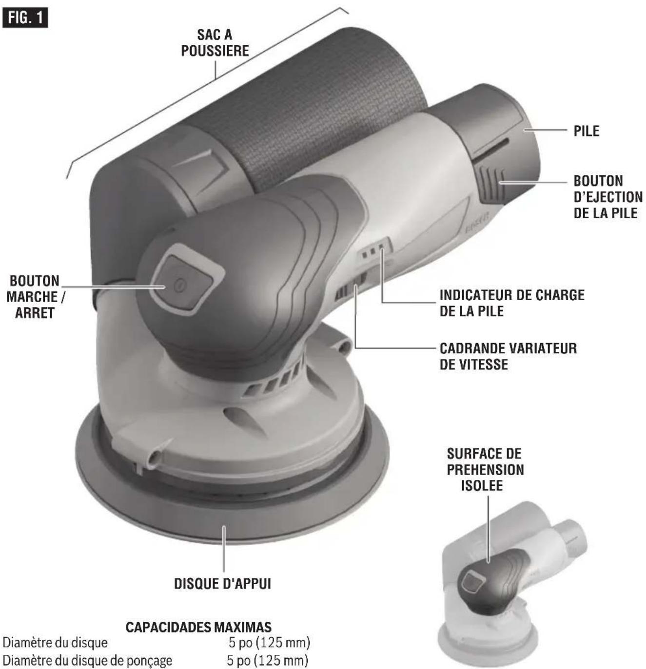 FIG. 1 SAC A POUSSIERE PILE BOUTON D'EJECTION DE LA PILE BOUTON MARCHE / ARRET INDICATEUR DE CHARGE DE LA PILE CADRANDE VARIATEUR DE VITESSE SURFACE DE PREHENSION ISOLEE DISQUE D'APPUI CAPACIDADES MAXIMAS Diamètre du disque 5 po (125 mm) Diamètre du disque de ponçage 5 po (125 mm)