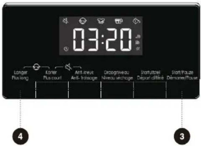 03:20 Longer Plus long Longer Plus court Anti-reut Anti-froisage Orocogniveau Niveau vouchage Startoutrel Départ différé Start/Pause Démantes/Fause 4 3