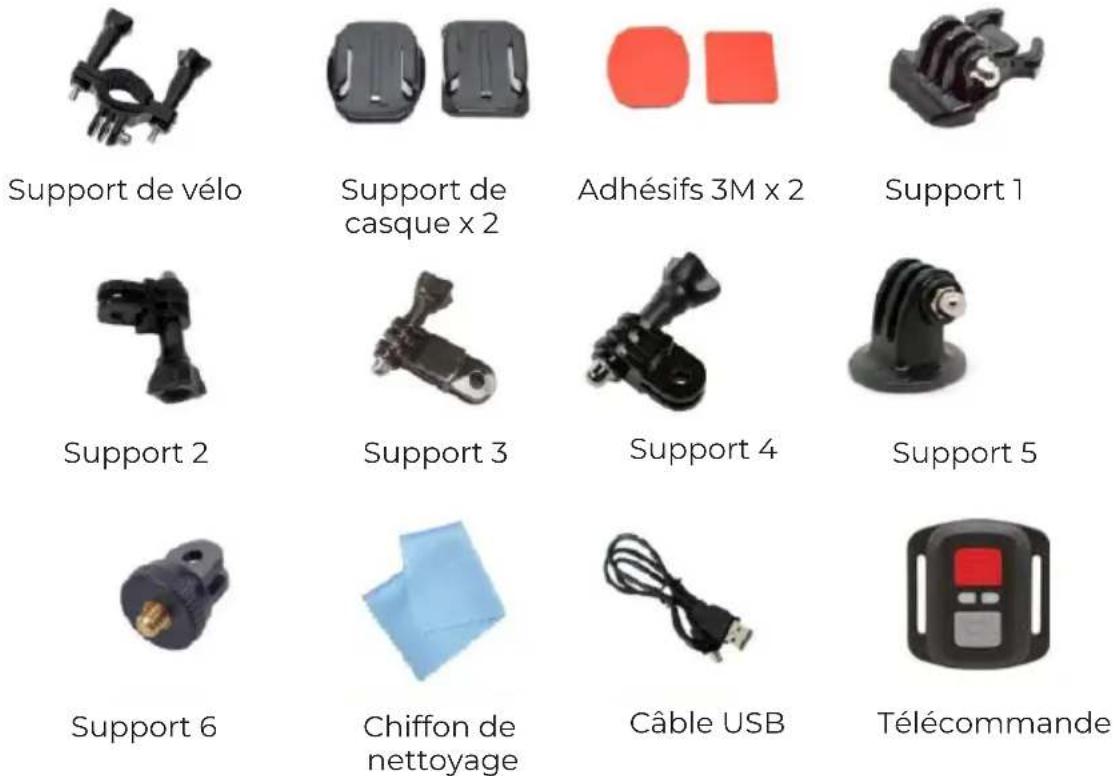 Support de vélo Support de casque x 2 Adhésifs 3M x 2 Support 1 Support 2 Support 3 Support 4 Support 5 Support 6 Chiffon de nettoyage Câble USB Télécommande