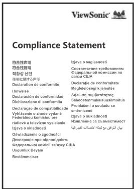 ViewSonic Compliance Statement 符合性声明 符合性期限 Agreement 1 即签订合同 即签订合同的日期 Declaration de conformite Hinweise Declaración de conformidad Dichiarazione di conformita Declaración de compatibilidade Vylhášené o zhode vydané Federálníou komisiou pre réditové la tvějštěnne výrselanie Ižava o skladnosti Oświadzenie o zgodnosci Đełnaparajie pro iznosieučnity Федеральної koncicii za izkuy США Urgyunk Beyani Bestämnelser Izjava o saglasnosti Соответствие требованиям Федеральної комиссия по связи США Declaratie de conformitate Megfeledešegli kijelentes Дајауцью ущадостінотех Šladiosternmalsuusimoltus Prohlášení o souladu se smešemici Izjava o sukladnosti Извление за съвместимост Будан-точеское обл.الاسытат турейкина