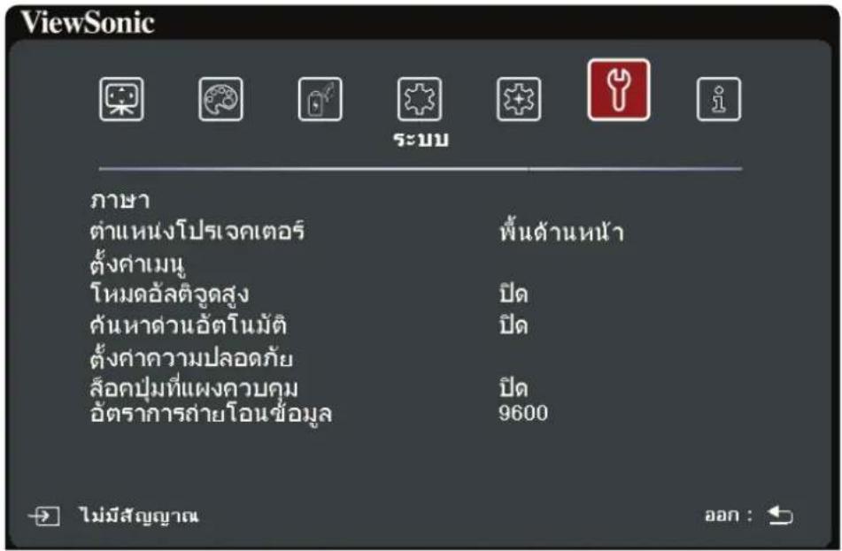 ViewSonic ภาษา ตําแหน่งโปรแกรมเตอร์ ตั้งค่าเหมู โหมดอัลติจุดสูง ดันหาตวเนอัตโนมัติ ตั้งค่าความปลอดภัย ล้อคปุ่มที่แพงควบคุม อัตราการถ่ายโอนซ้อมูล พื้นด้านหน้า ปิด ปิด ปิด 9600 ไม่มีสัญญาณ ออก :